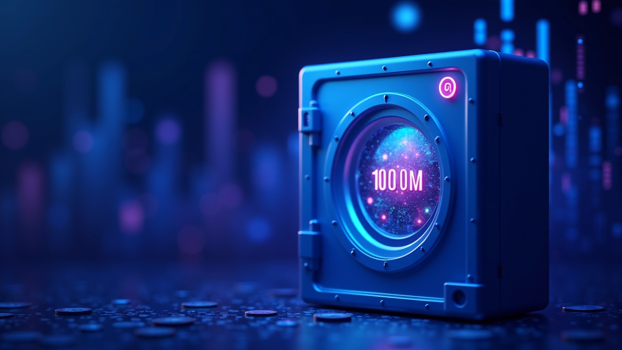 Neon illustration of Ripio: futuristic vault with 100M in crypto, blue-cyan lights and blurred digital background.