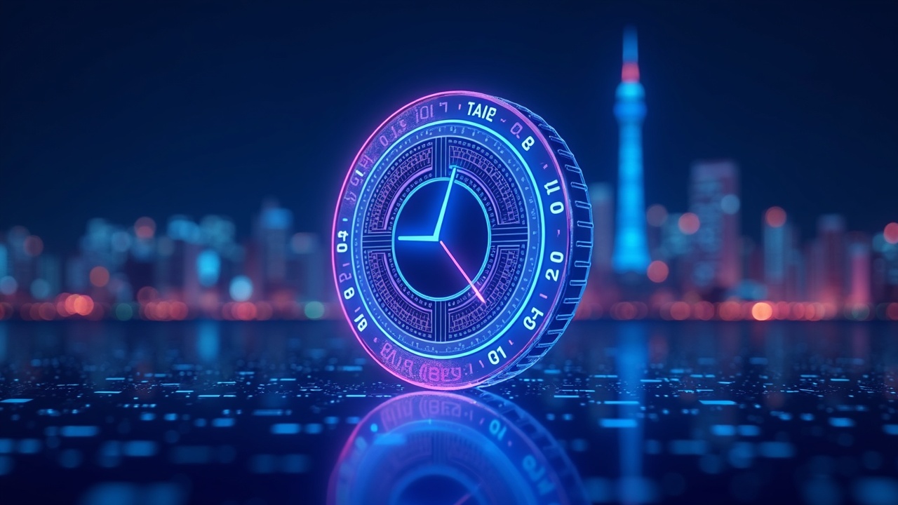 Digital coin with a clock over the Seoul skyline, holographic tax charts and blue/cyan neon lights.