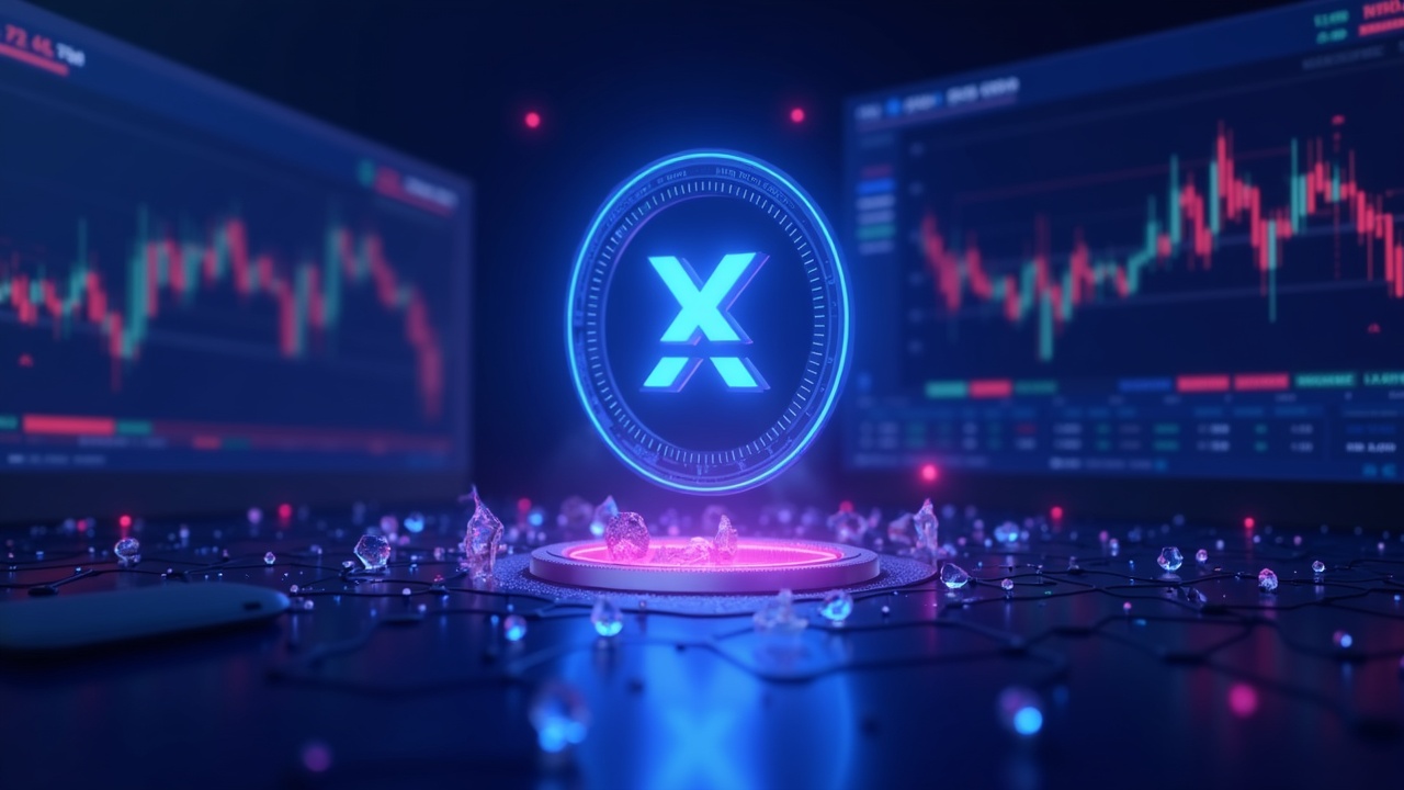 XLM breaks the 0,25 support with blue-pink neon glow, Stellar logo in the center and blurred trading screens