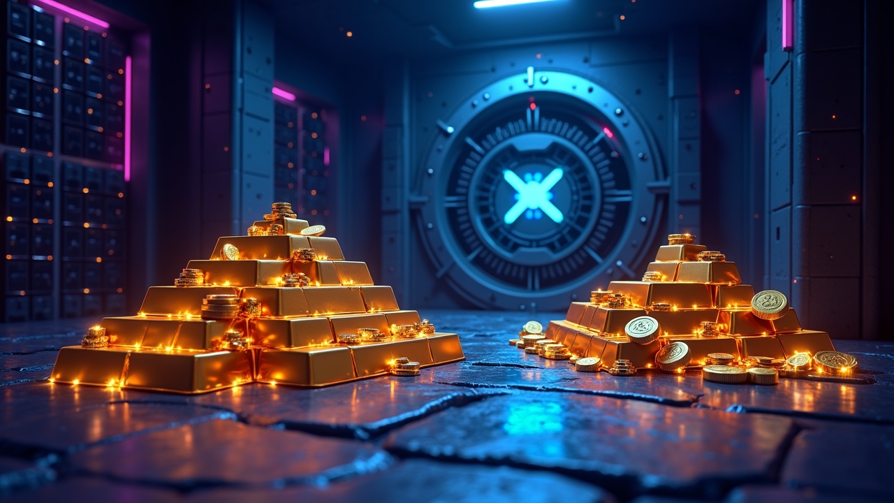 Secure vault with 116 metric tonnes of gold and shiny XAUt tokens, neon lighting and blockchain overlays.