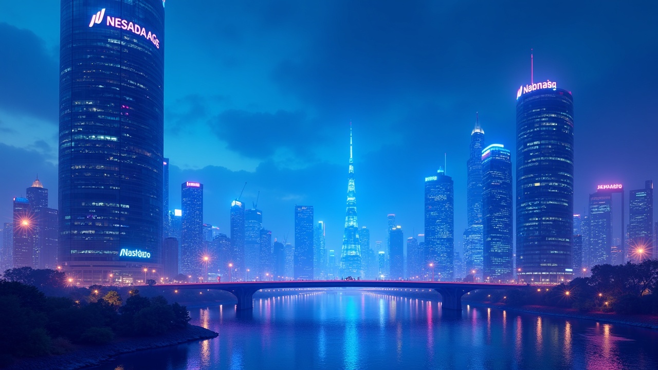 Neon crypto exchange merged with payments giant; illuminated Nasdaq tower and blockchain bridge.