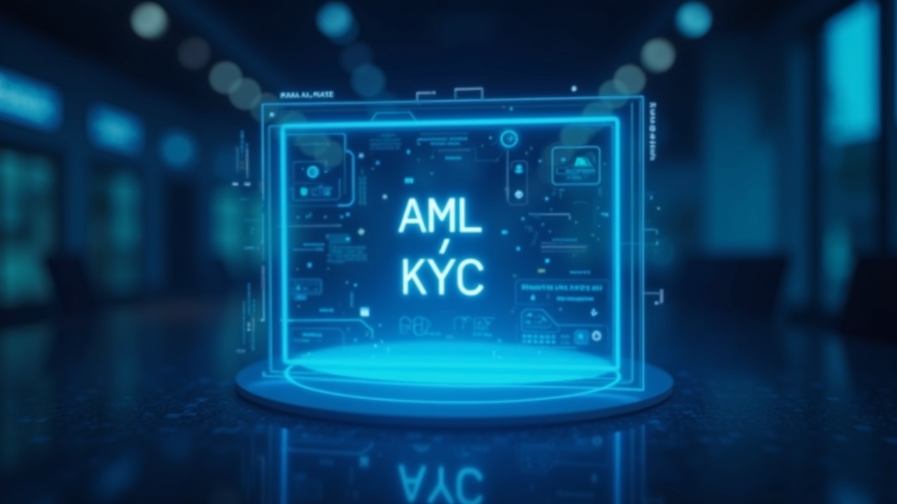 Scene of a neon-lit crypto exchange, AML/KYC screens and emphasis on compliance vs liquidity under pressure.