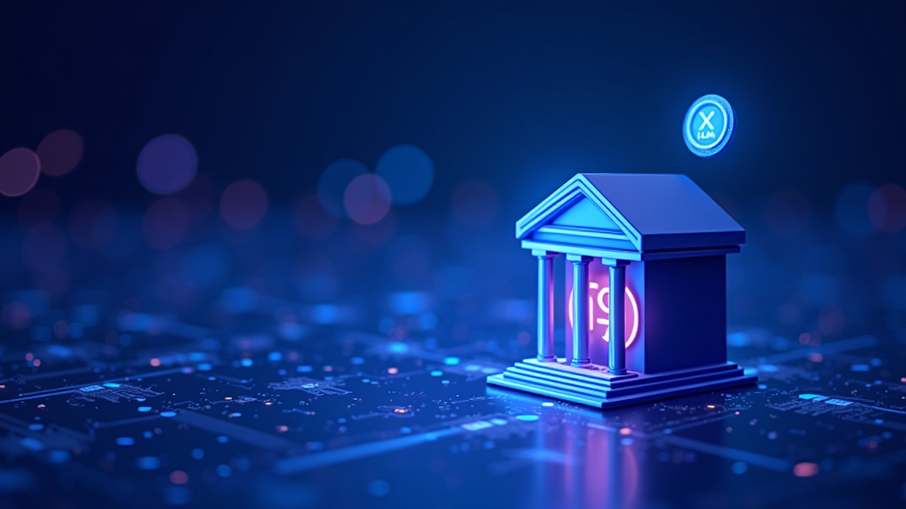 Futuristic illustration: U.S. bank connected to a stablecoin on Stellar, XLM as a bridge token, with blue neon.