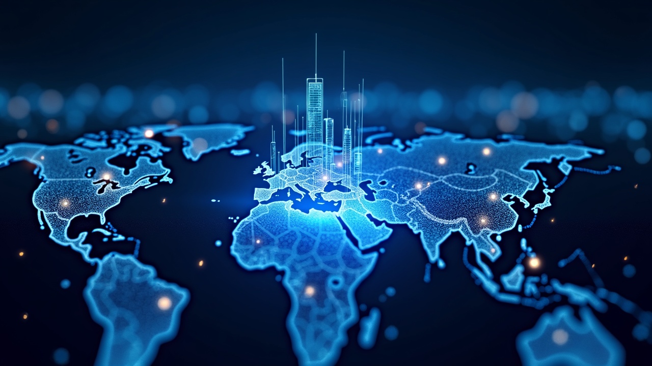 Futuristic neon city with a central vault and holographic ledger connecting Europe, MENA and Africa, being settled with USDC.