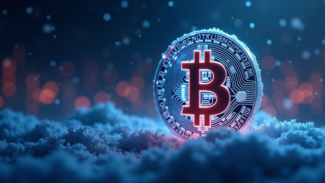 Neon crypto-winter header: bitcoin price charts over a dark glossy city, with subtle altcoin silhouettes.