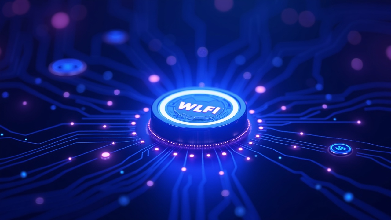 WLFI token in a neon scene executing buybacks and a burn over a digital ledger and a decentralized governance blueprint.