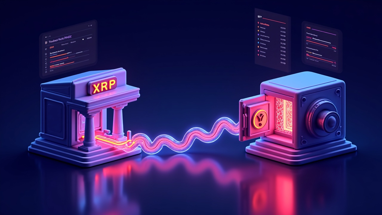 Neon illustration of XRP flowing from a 3D exchange to cold storage, with a reduced order book and ETF panels