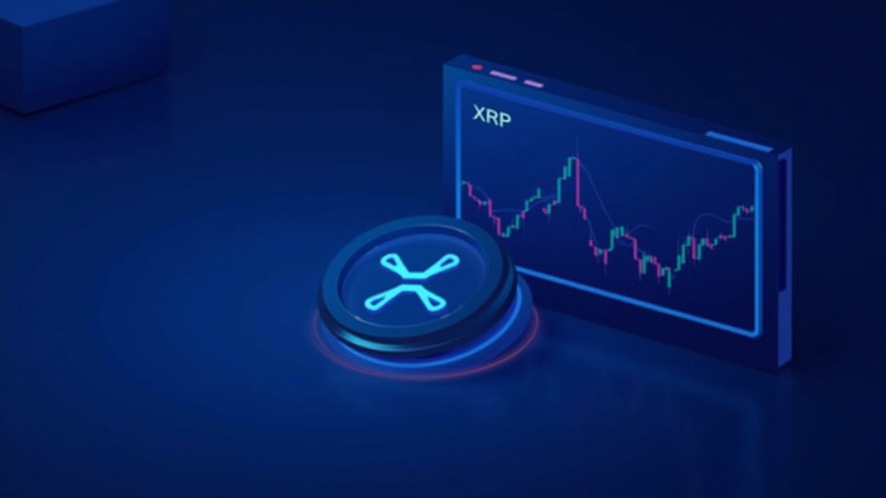 XRP token beside an ETF dashboard on a NYSE-style screen with blue neon glow, foundational to global finance.