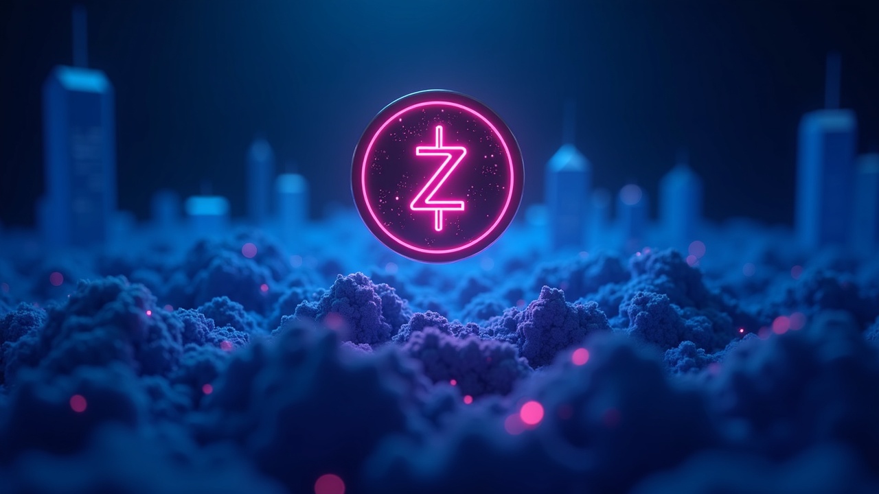 Zcash coin emerging over a blue urban landscape; Bollinger horizon suggesting a breakout, futuristic, privacy-themed style.