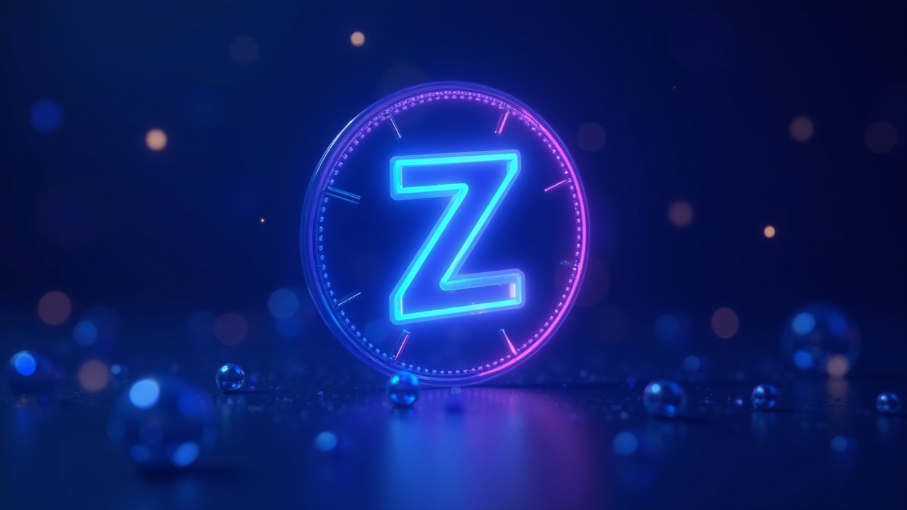 Neon Zcash symbol in front of an ETF-style financial hub, with blue and purple glow evoking privacy and regulation.