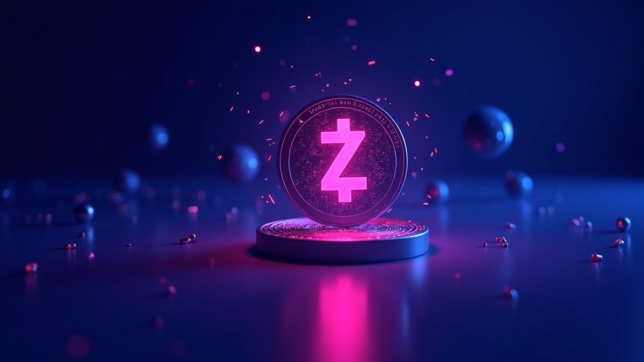 Zcash coin in neon over a descending price chart, with an aura of protected transactions and distant regulatory silhouettes.
