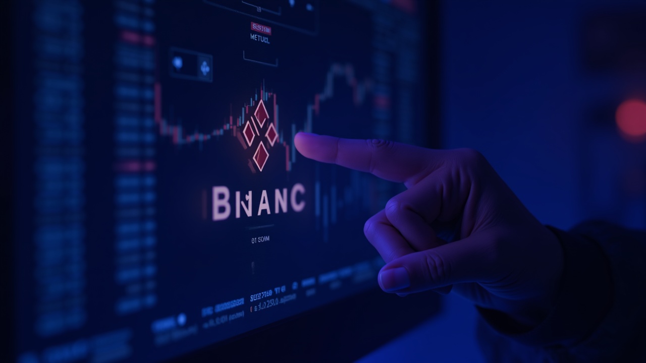Neon crypto header: Binance logo on a monitor displaying confidential data and a hand pausing a trade with blue-purple glow.