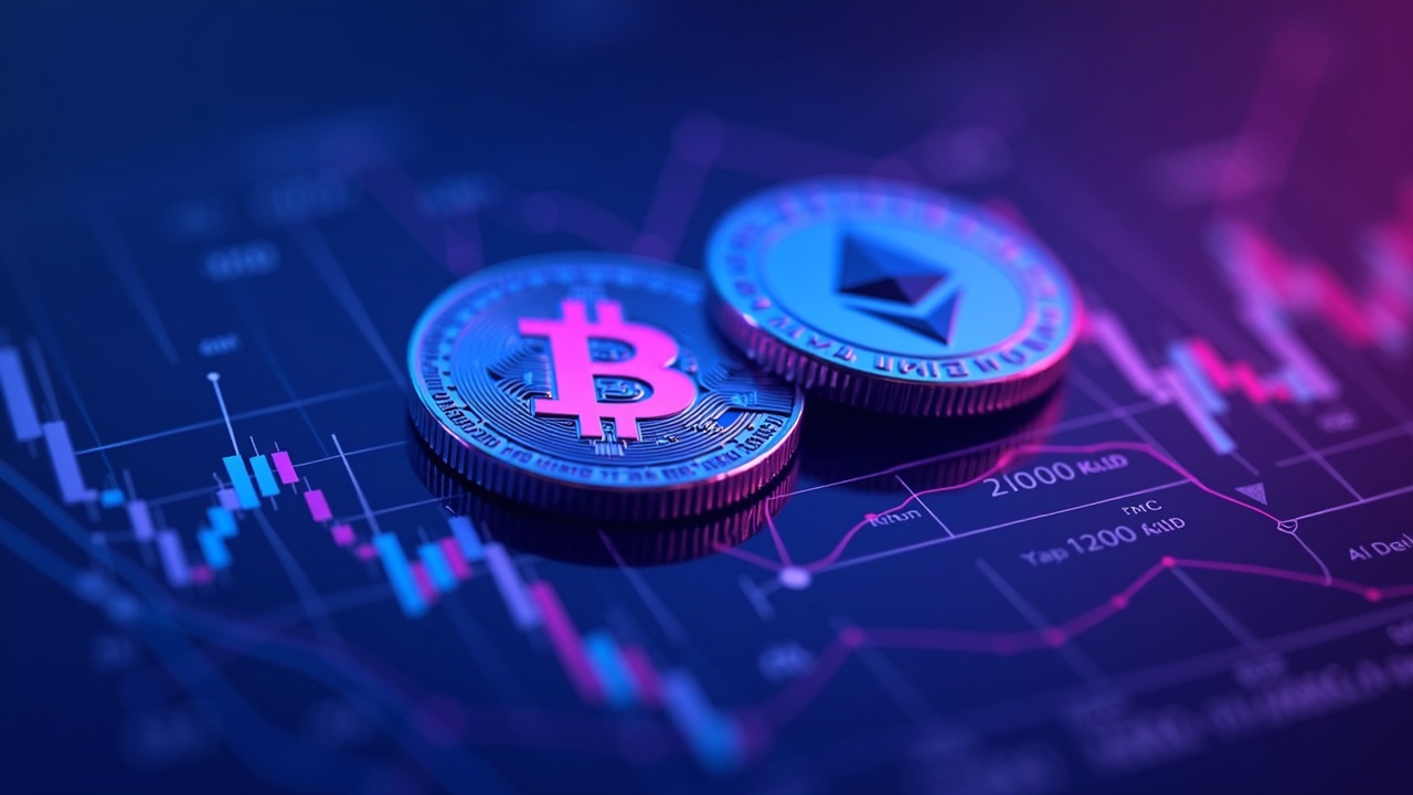 Bitcoin and Ethereum at center with neon hues, subtle 3D hedging lines, and a blurred digital backdrop signaling expiry.