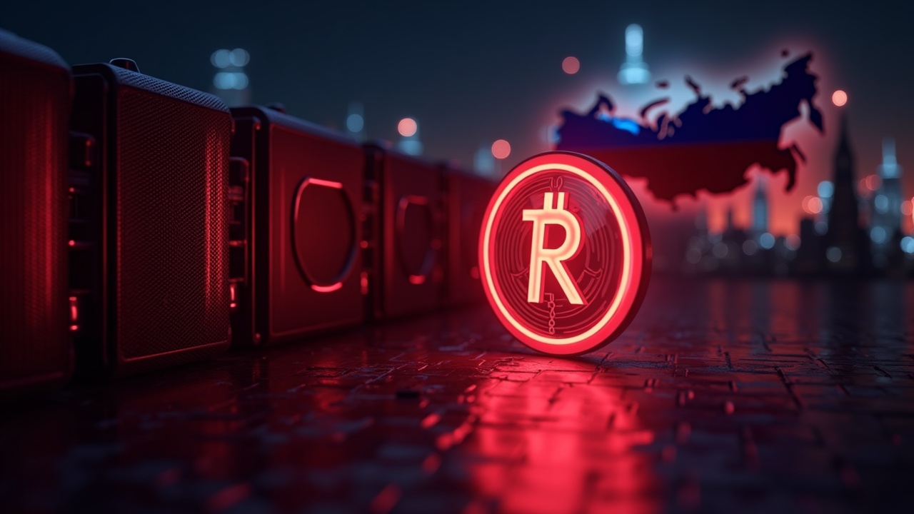 Neon-lit bitcoin mining rigs surround a glowing ruble symbol with a Russia silhouette.