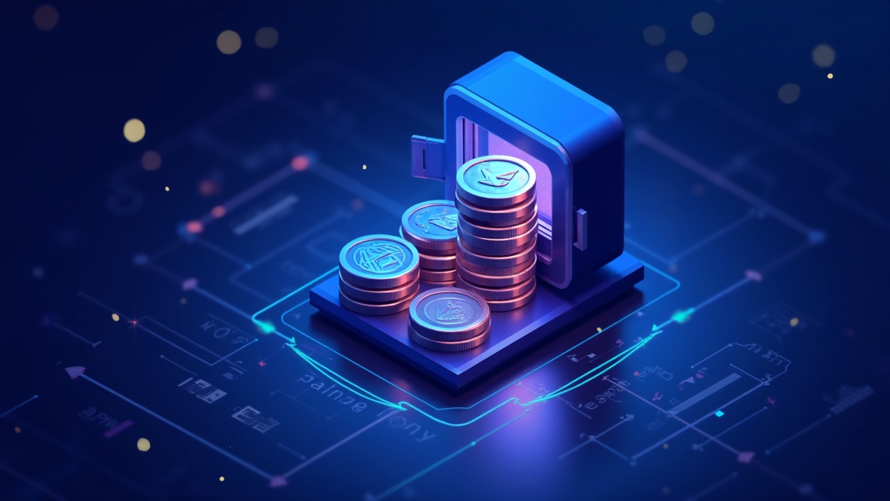 3D illustration of BitMine ETH treasury: stacked ETH coins form a vault with orbiting staking nodes and neon blue-purple lighting