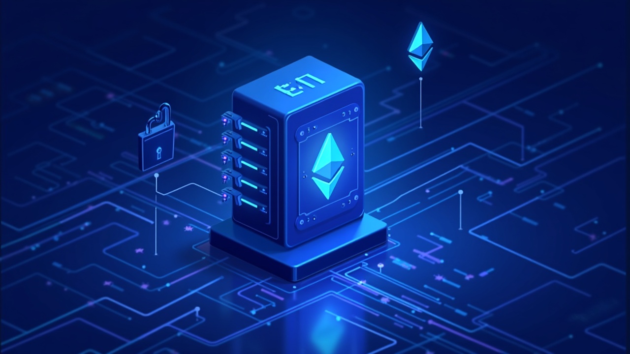 Bitmine Ethereum staking illustration with locked ETH vaults and a glowing central node