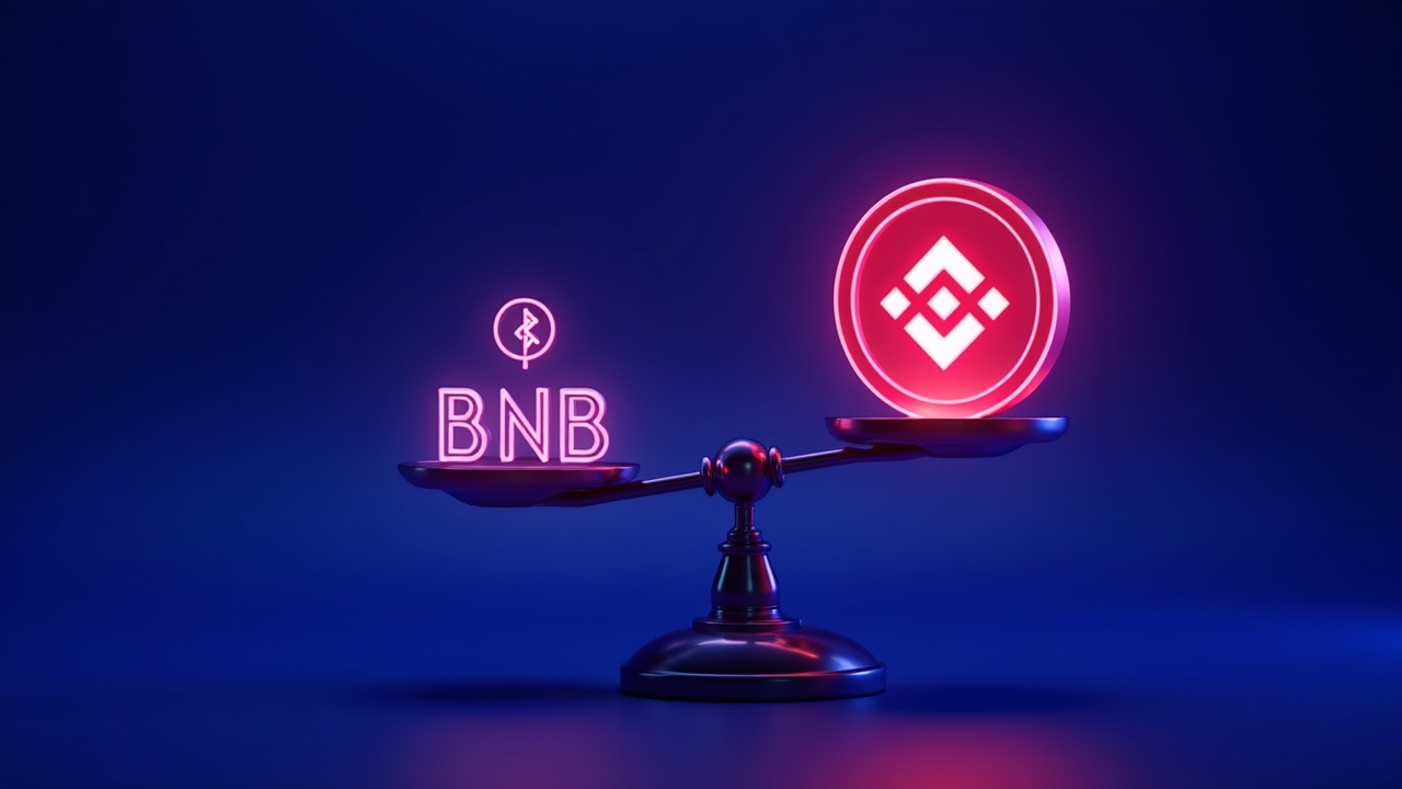 Neon illustration of a glowing BNB coin weighed on digital scales with Binance branding, signaling regulatory scrutiny.