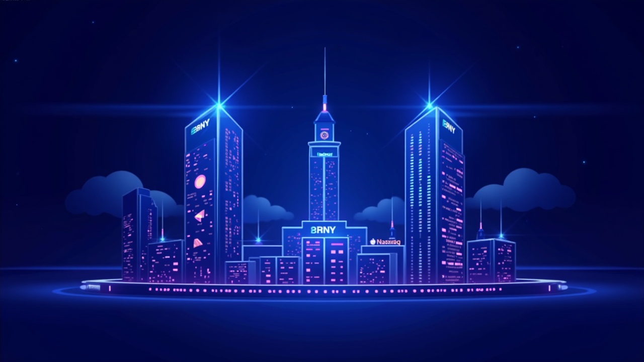 High-tech digital-asset hub with glowing blockchain towers and subtle BNY-Nasdaq branding in neon blue-purple lighting.