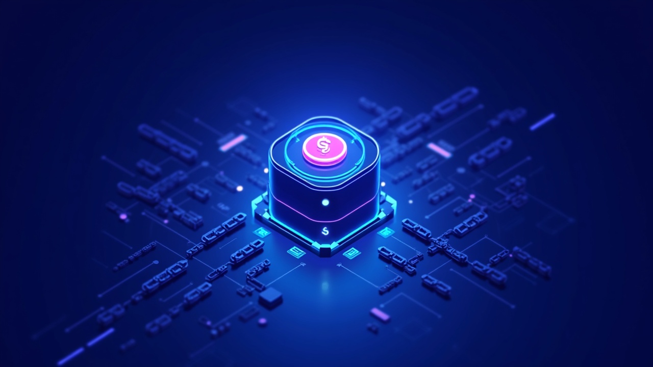 Futuristic tokenized money market fund with a central vault token connected by neon blue and purple chain links