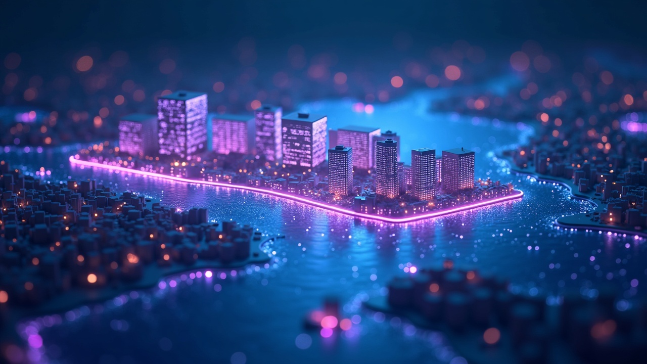 Neon-lit Cayman Islands Web3 hub with foundation buildings, DAO governance visuals, and hi-tech 3D elements signaling CARF rules.