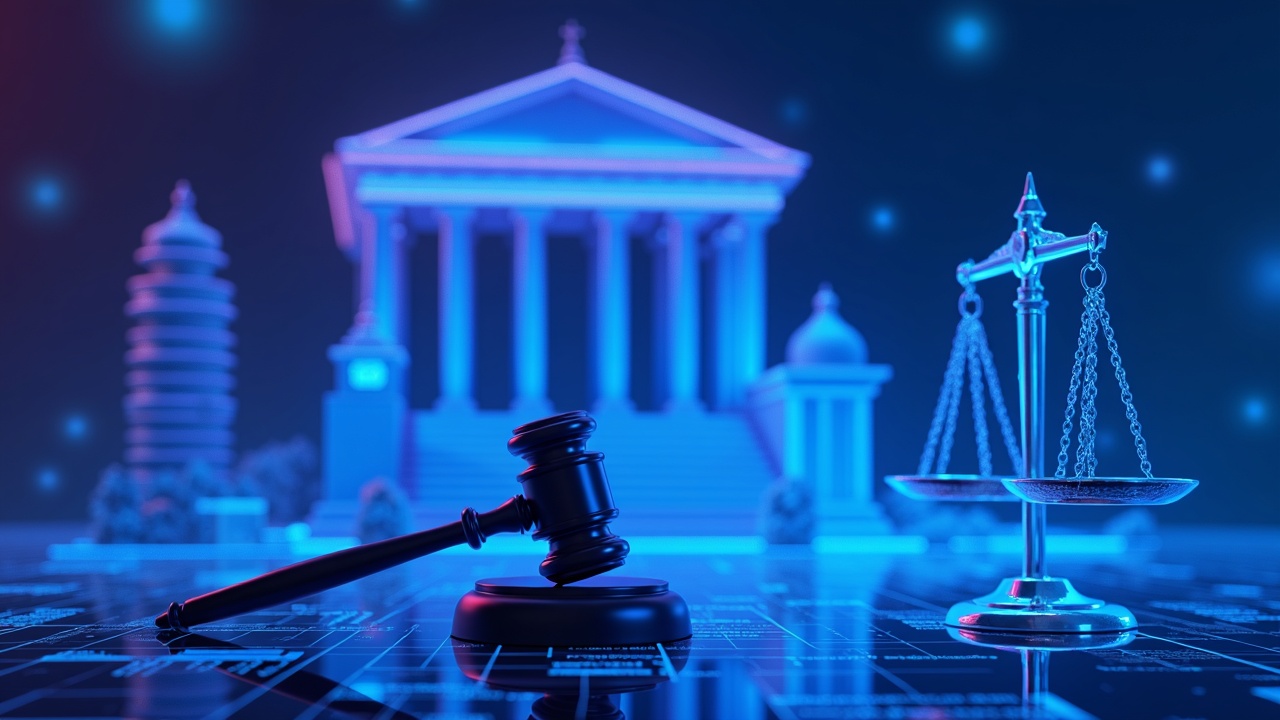 Neon-lit courthouse above a sleek digital trading floor; Kalshi contracts float between law scales in a futuristic glow.