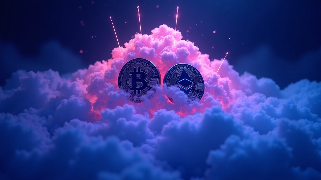 Bitcoin and Ethereum silhouettes under a neon regulatory cloud with fading outflow arrows, signaling fragile sentiment.