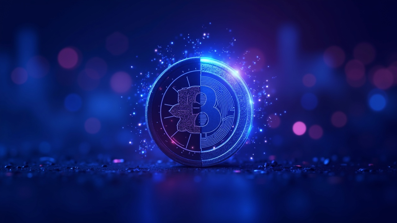 Futuristic digital euro coin split online blockchain half and offline privacy half, neon blue-purple glow with EU motif.