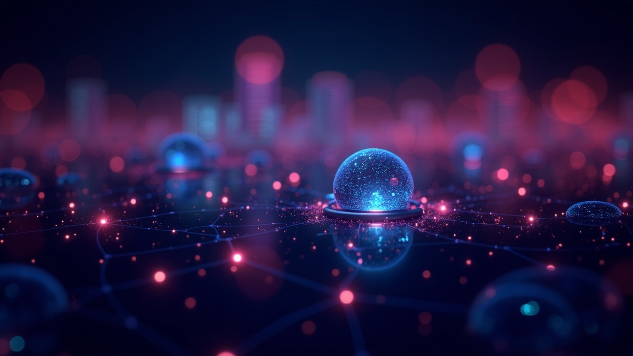 Neon-lit illustration of an institutional blockchain tokenizing U.S. Treasuries with privacy features and a DTCC-inspired skyline.