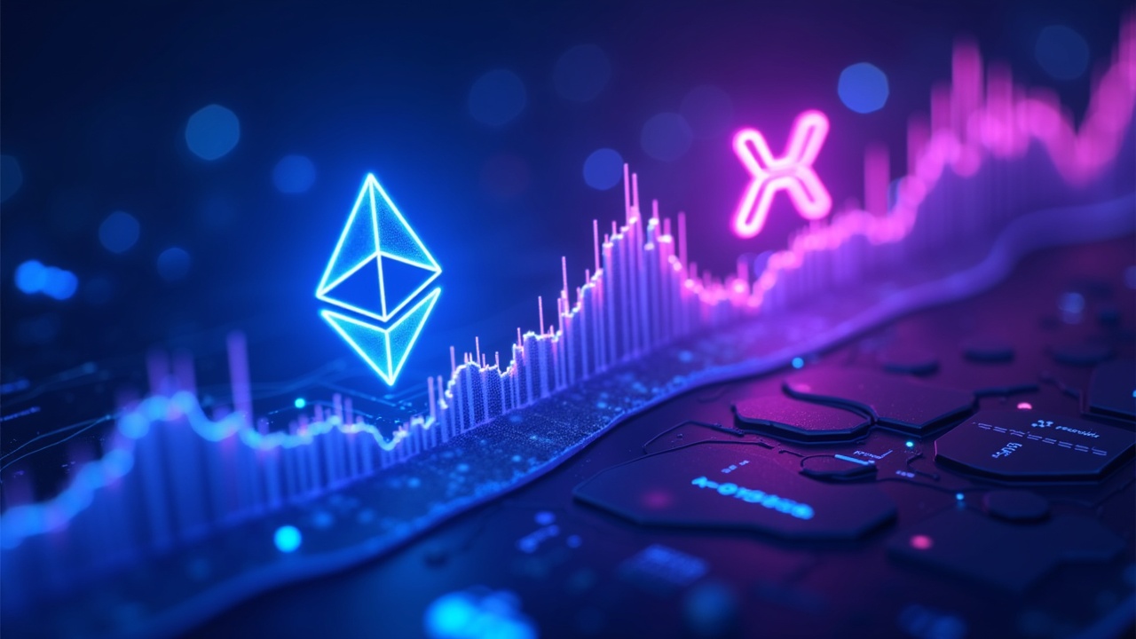 Neon crypto illustration showing diverging inflows with blue Ether and purple XRP over a futuristic city.