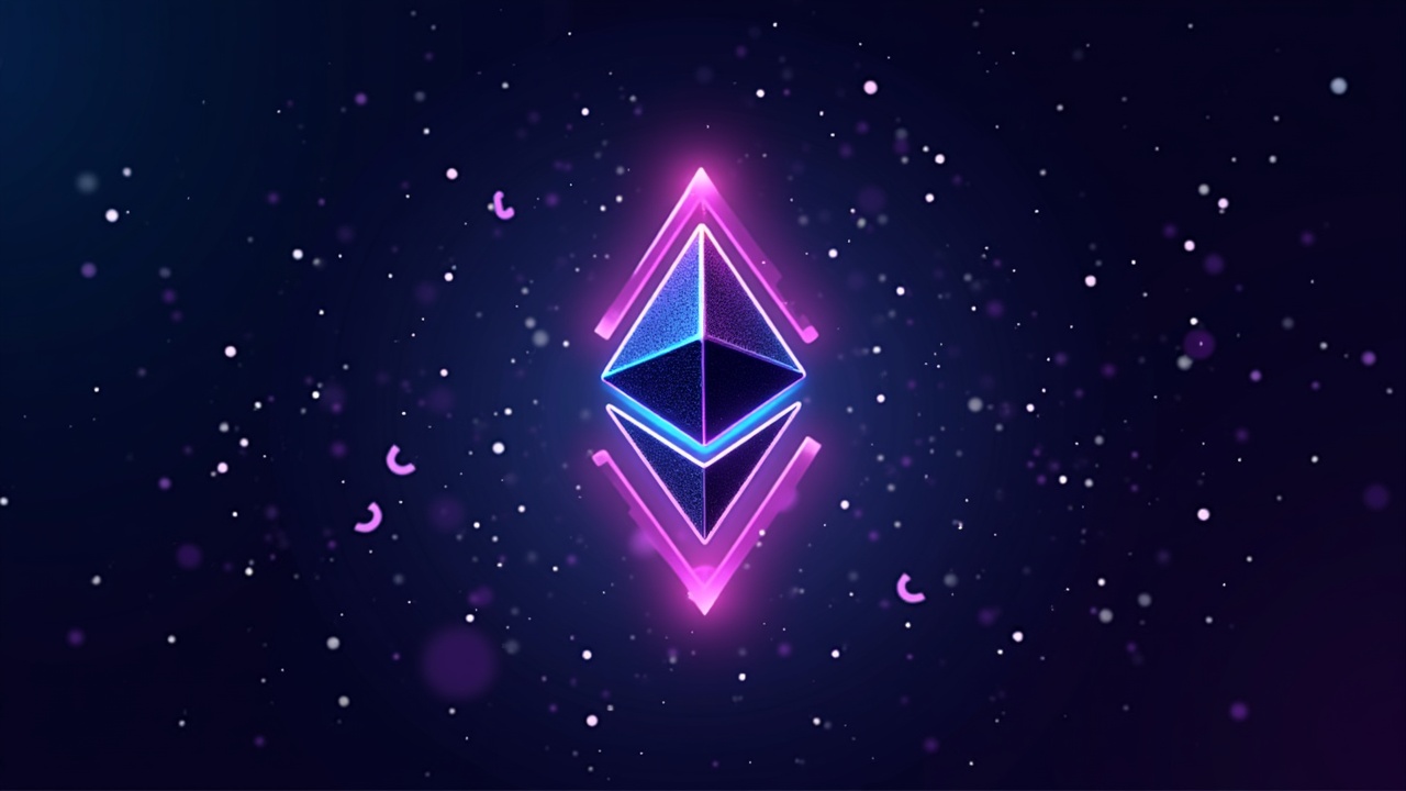 Neon futuristic Ethereum logo with bullish call arrows and large open interest markers, Bitcoin silhouette.
