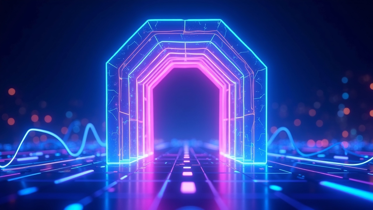A futuristic neon gateway depicting Gate as a Web3 on-ramp with layered liquidity visuals and a glowing central portal.