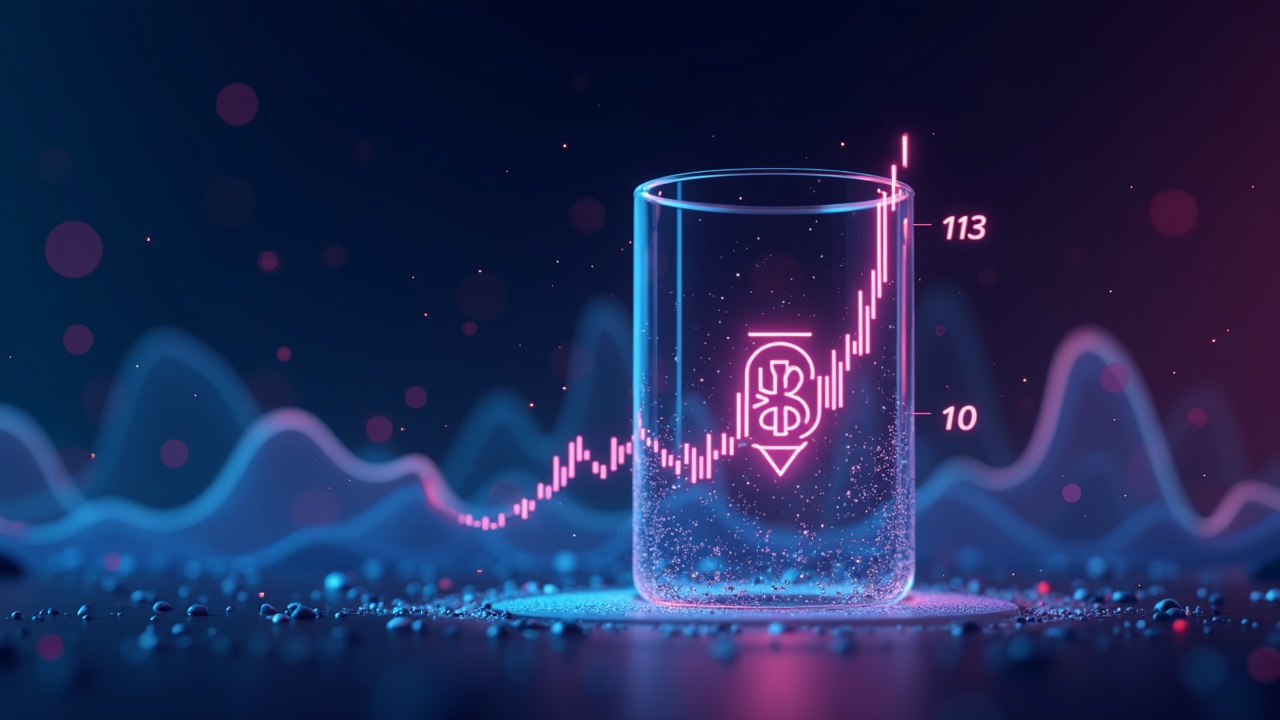 Neon Hedera glyph breaking through a glass price chart, with BTC waves and 0.13 resistance, risk to 0.10–0.12, digital bokeh.