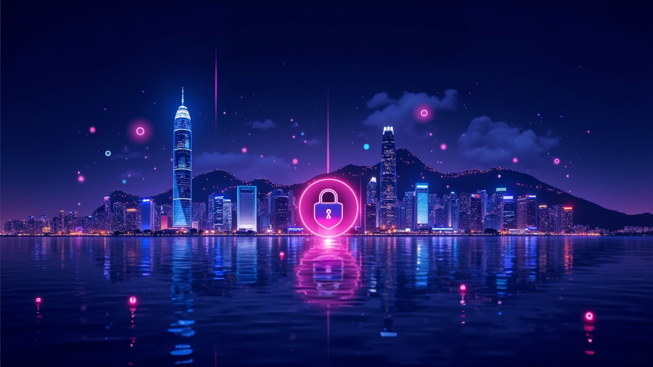 Neon Hong Kong skyline with CARF data streams, CASP icons, and a privacy shield for crypto tax reporting.