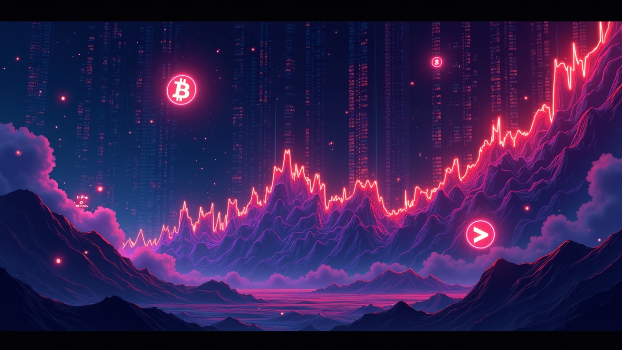 Neon-lit illustration of BTC, ETH, and XRP amid a sharp sell-off with glowing order books and cascading liquidations.