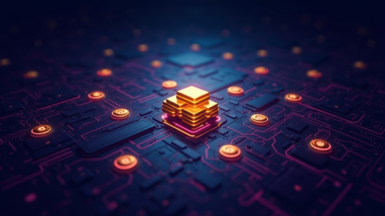 Neon-gold bars morph into on-chain tokens streaming into a blockchain ledger with 1:1 backing badge and cyan-purple glow.