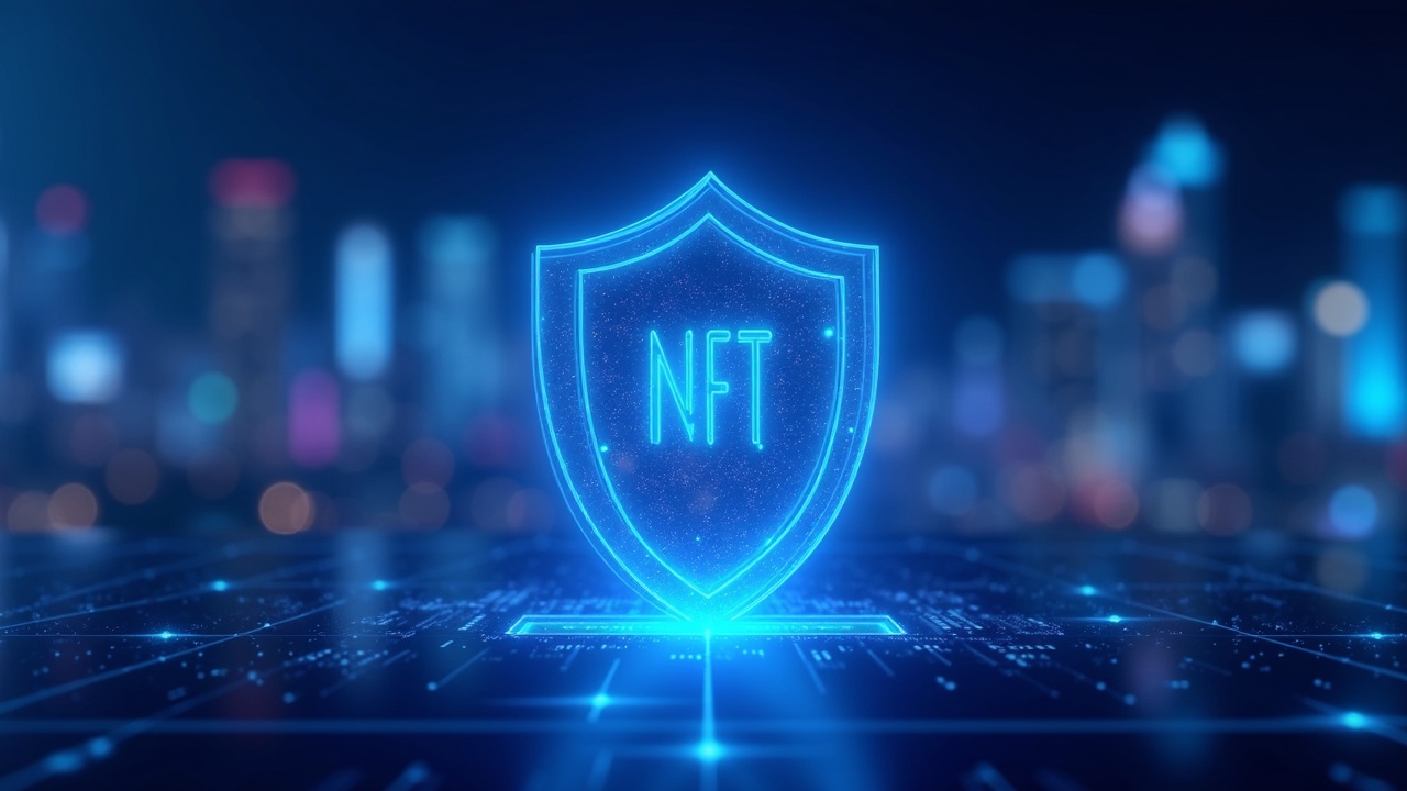 Neon NFT market scene with a central holographic shard, fading price indicators, a regulatory shield, and a futuristic city backdrop.