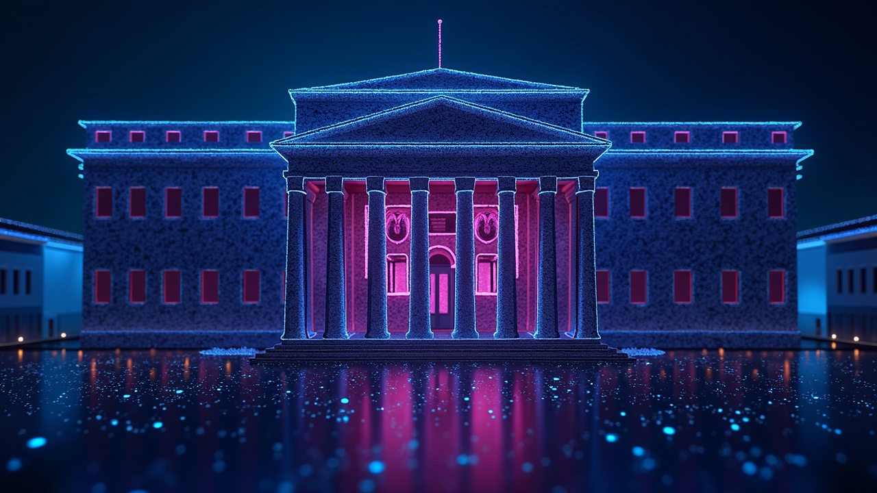 Neon cyber Norway central bank facade with digital currency shards dissolving into a secure payments network