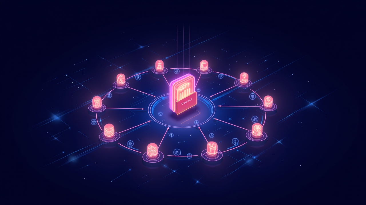 Neon-lit on-chain real-world asset tokenization network with Mubadala and Kaio motifs, secure custody, futuristic city backdrop.