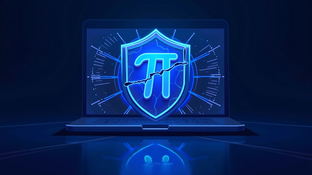 Neon-style illustration of a Pi Wallet under social engineering attack: Pi symbol, cracked shield, payment requests, blue glow.