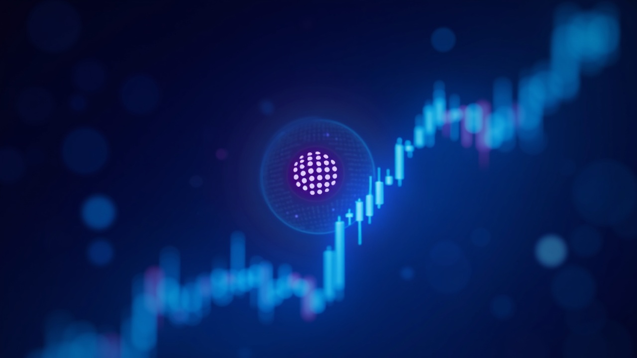 Polkadot logo over a neon high-tech chart breaking above 2.25, with blue-cyan-purple glow and abstract bokeh background