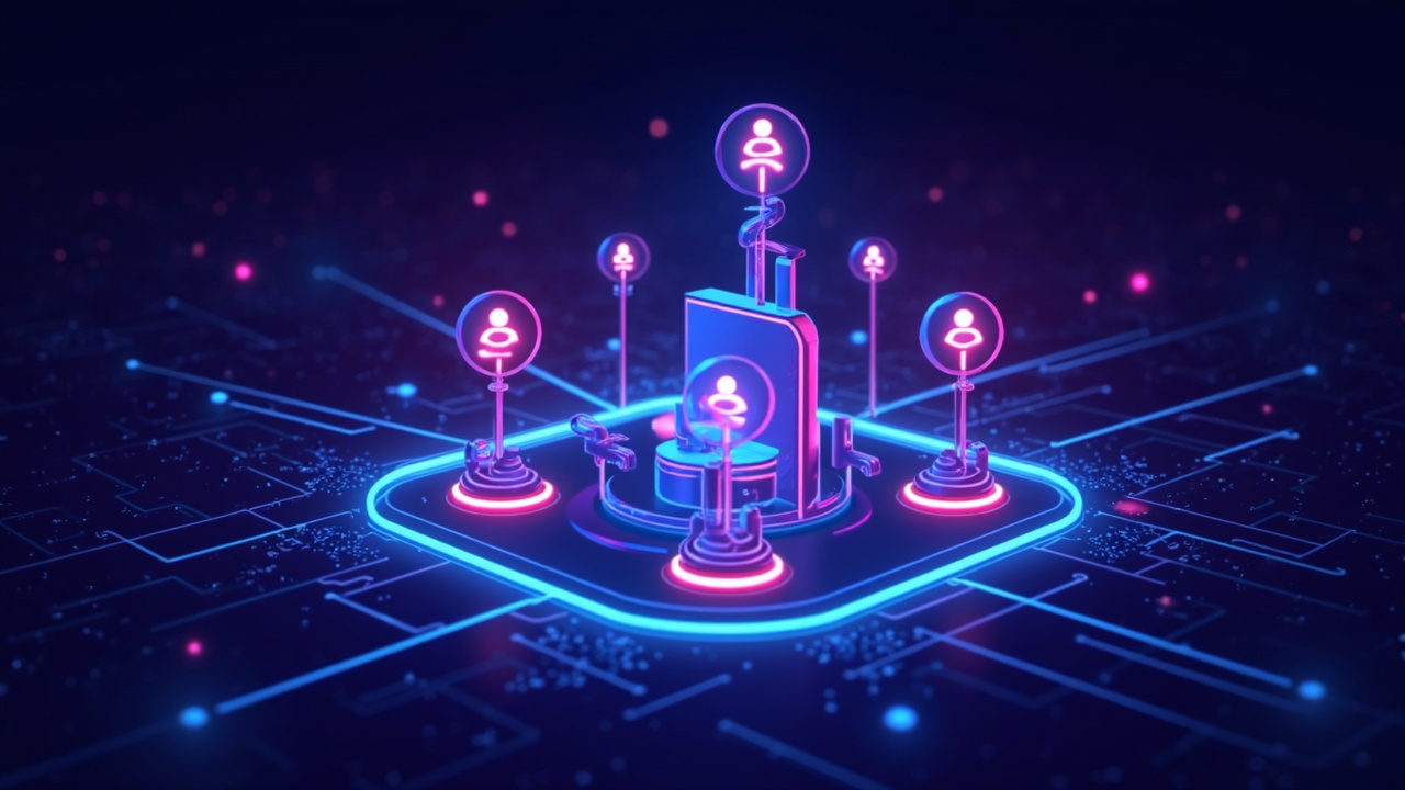 Neon illustration of Polymarket as a prediction market hub with returning-user icons and flowing liquidity glow.