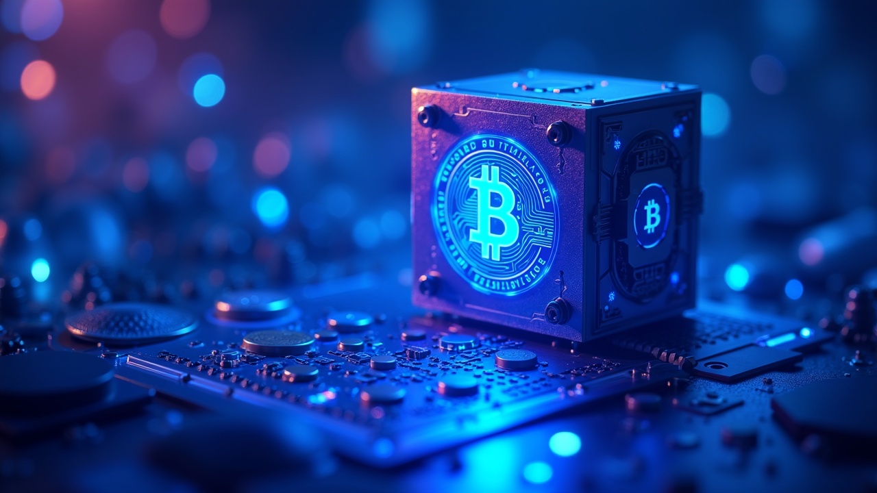 Neon futuristic scene of a quantum processor above a secure Bitcoin vault with floating keys and blue glow.