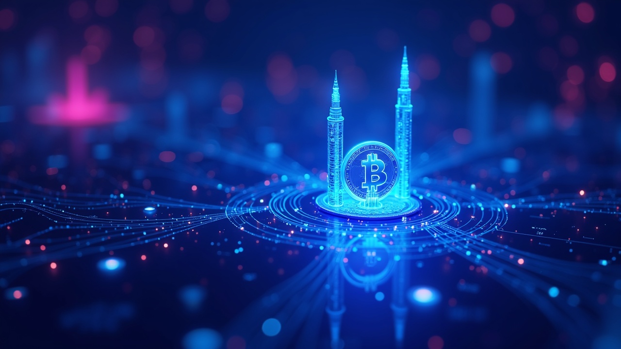 Neon crypto scene with a bitcoin-like node connected to a governance document amid tower buildings, blue and magenta glow.
