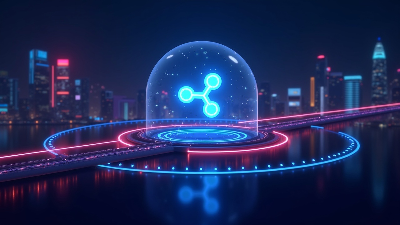 Neon illustration showing Ripple expanding regulated payment rails in Singapore with XRP and RLUSD around a secure hub.