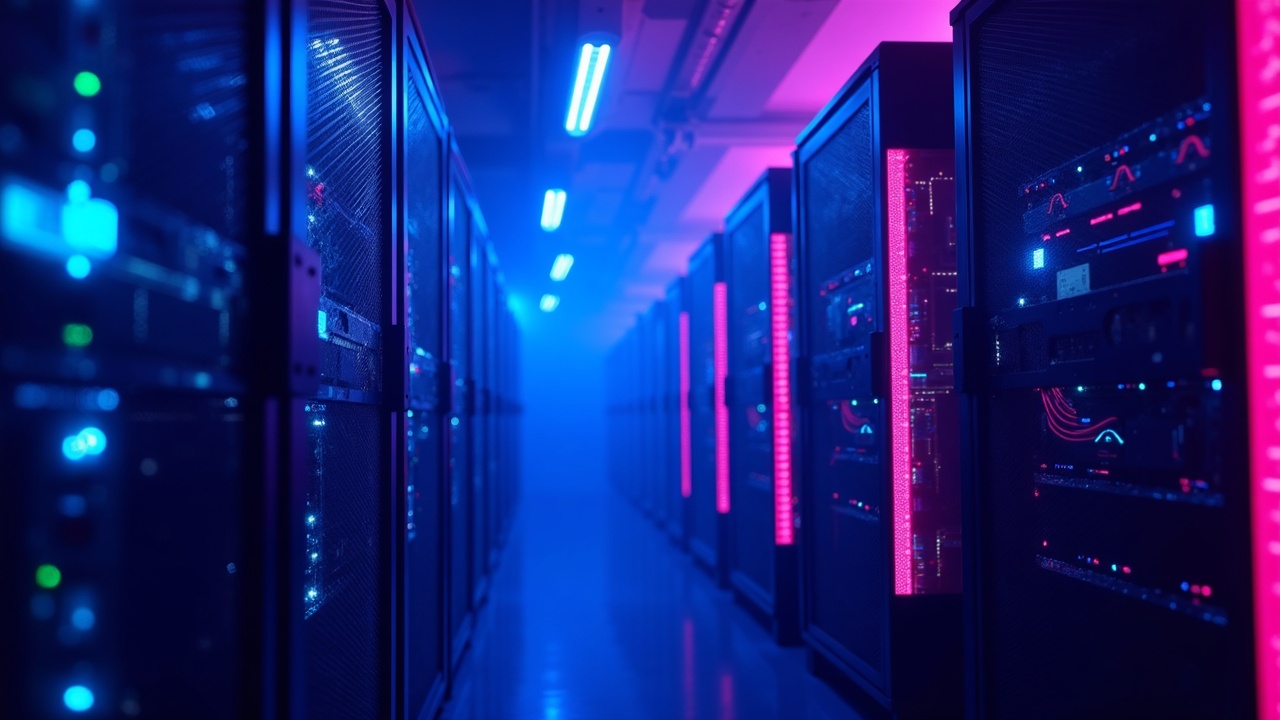 Neon-lit Russian crypto-mining facility with silhouetted unregistered rigs before a digital grid