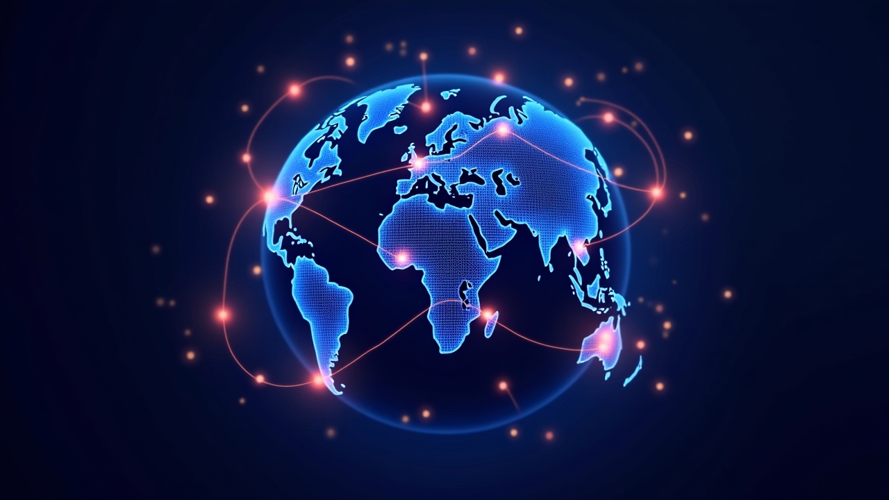 Neon-lit globe with glowing blockchain links connecting institutions and consumer wallets, symbolizing scalable DeFi access.