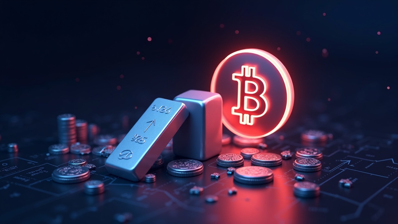 Neon-style image of a silver bar beside a glowing Bitcoin logo with 6% rise and 10% fall arrows against a tech background.
