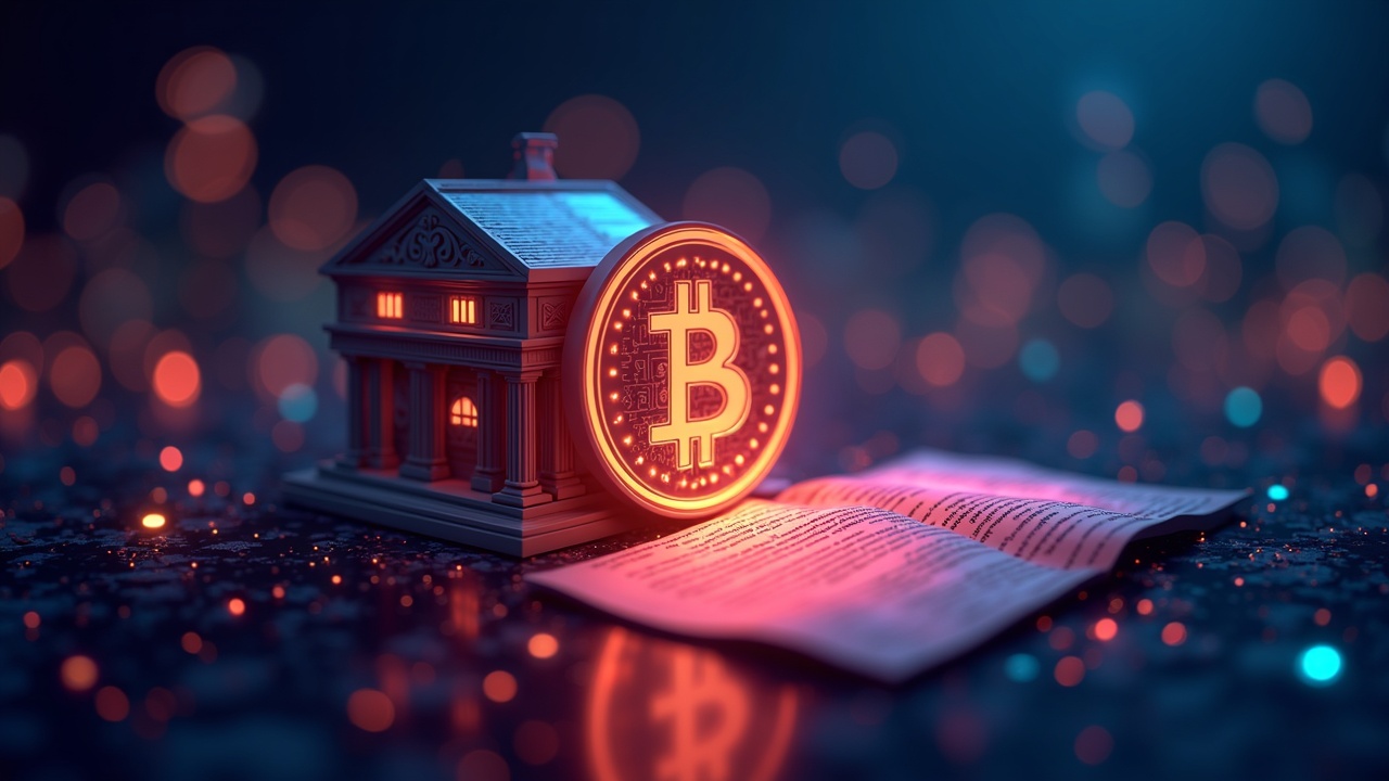 Hyperreal neon scene: bank tower clashes with fintech over glowing stablecoin emblem, split by a policy scroll.