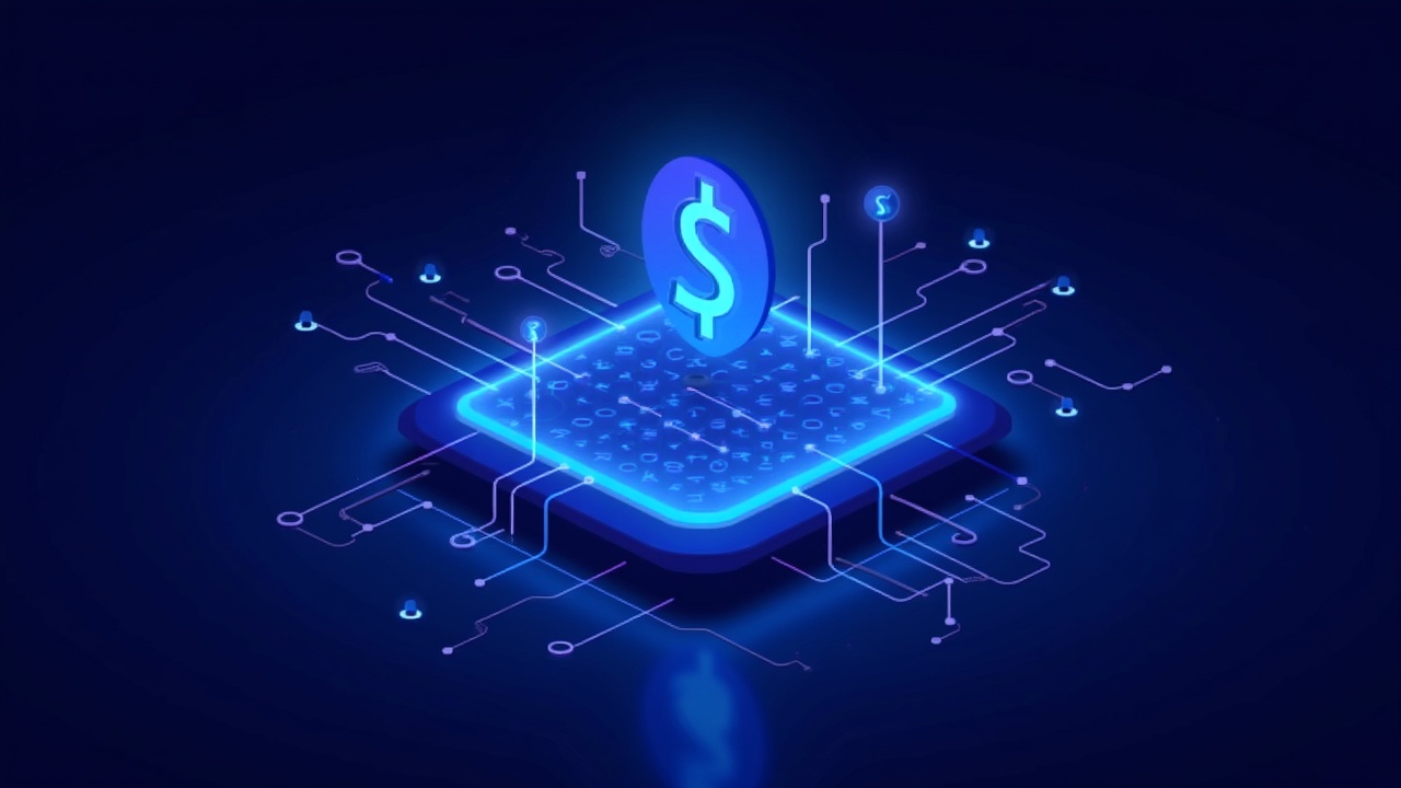 Neon-lit artwork of stablecoin tech and asset-tokenization ETFs with digital assets and equities on a blue-cyan glow