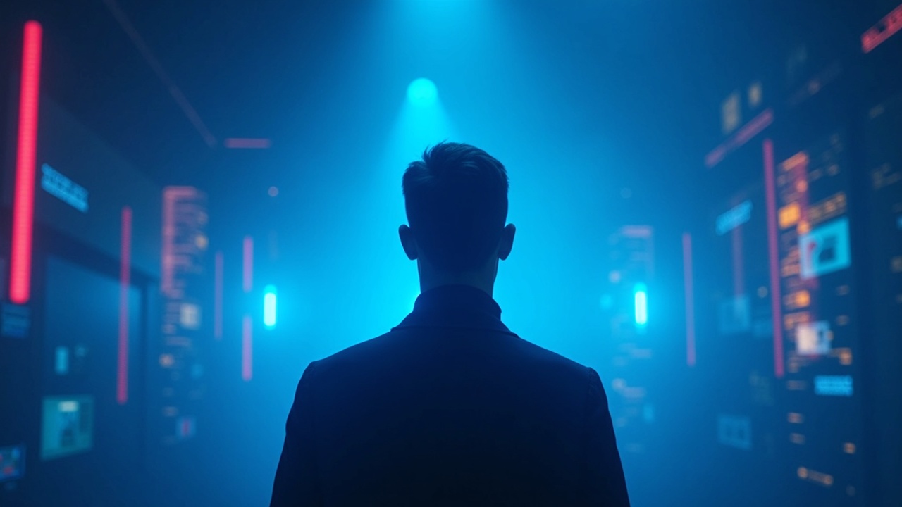 Neon-lit silhouette of Stani Kulechov against blue Aave glow with Lens Protocol nodes and Horizon tokens.